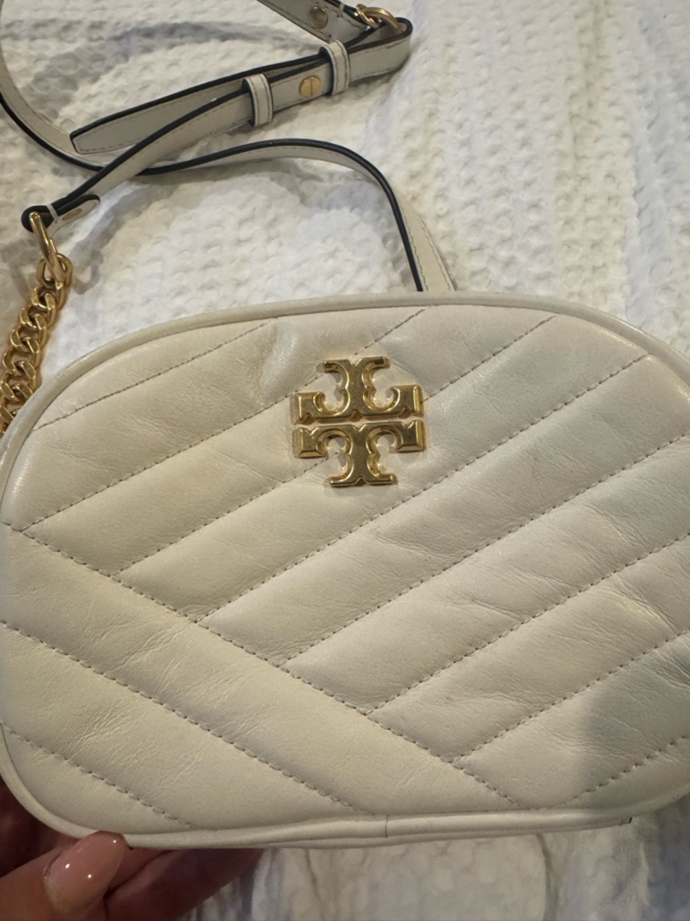 Tory Burch Cream Quilted Leather Crossbody with Gold Logo